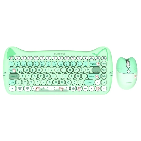 Everest KM-6285 CATTY MINI Renkli Tuşlu Yeşil 2.4 ghz + BT Kablosuz Q Multimedia Klavye + Mouse Set