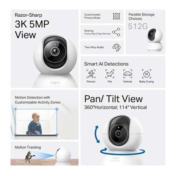 TP-LINK 5MP Tapo C230 Pan/Tilt AI Ev Güvenlik Wi-Fi Kamera - 3