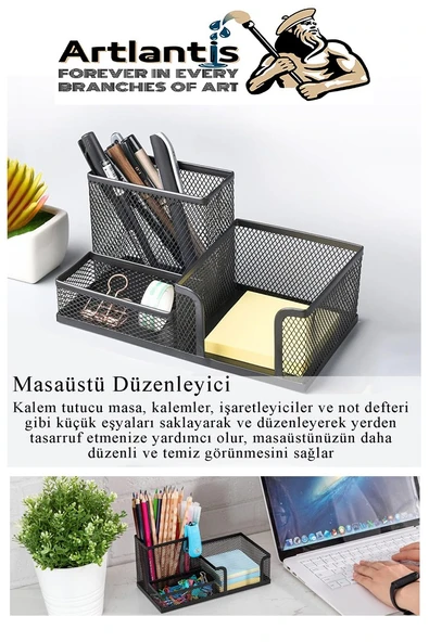 Masaüstü Büro Seti 11 Parça Siyah Metal Evrak Rafı Kalemlik 3 lü Zımba Makinesi Delegeç Ataşlık Notluk Düzenleyici - 7