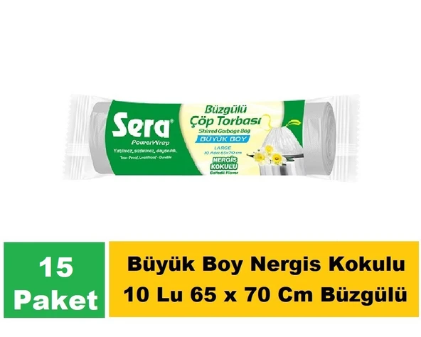 Sera Çöp Torbası Büzgülü Nergis Kokulu Büyük Boy 10 Lu 65 x 70 Cm x 15 Paket