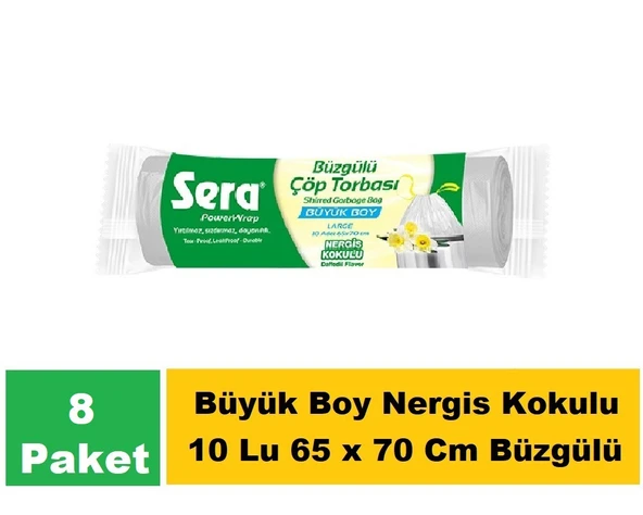 Sera Çöp Torbası Büzgülü Nergis Kokulu Büyük Boy 10 Lu 65 x 70 Cm x 8 Paket