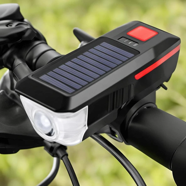 Güneş Enerjili USB Şarjlı LED Bisiklet Feneri 120dB Korna Su Geçirmez Ön Far Işığı