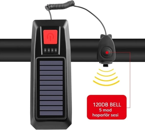 Güneş Enerjili USB Şarjlı LED Bisiklet Feneri 120dB Korna Su Geçirmez Ön Far Işığı - 6