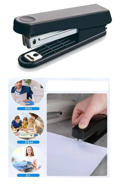 Masaüstü Büro Seti 16 Parça Siyah Metal Evrak Rafı Kalemlik 3 lü Zımba Makinesi Delegeç Çöp Kovası Ataşlık Notluk - 3