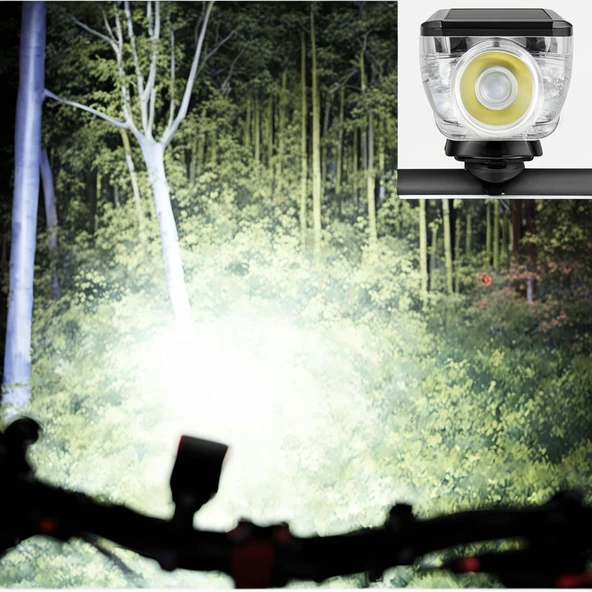 Güneş Enerjili USB Şarjlı LED Bisiklet Feneri 120dB Korna Su Geçirmez Ön Far Işığı - 3
