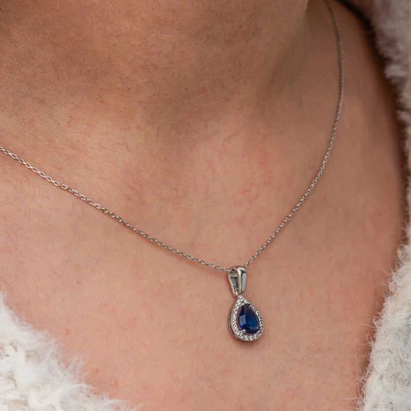 Gümüş Mavi Taşlı Damla Kadın Kolye SL11533 - Resim 2