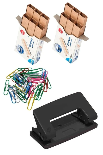 Masaüstü Büro Seti 16 Parça Siyah Metal Evrak Rafı Kalemlik 3 lü Zımba Makinesi Delegeç Çöp Kovası Ataşlık Notluk - 2