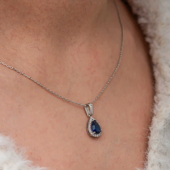 Gümüş Mavi Taşlı Damla Kadın Kolye SL11533 - Resim 4