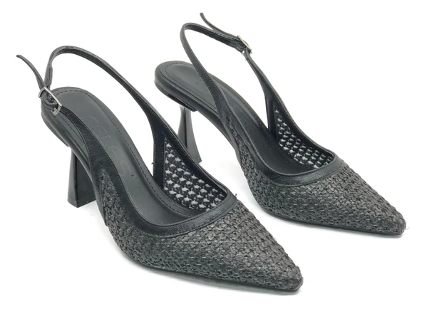 Feles Hasır Detaylı Arkası Açık Stiletto Kadın Topuklu Ayakkabı - Resim 3