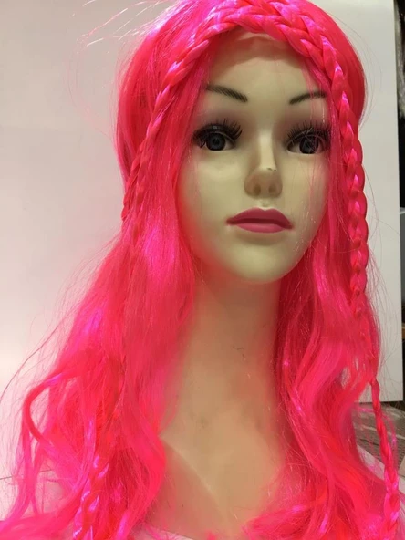 Neon Pembe Renk Örgülü Helen Karakter Peruğu Takma Saç - 2