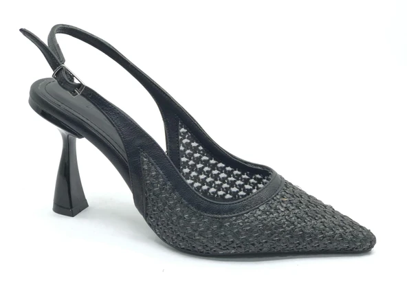 Feles Hasır Detaylı Arkası Açık Stiletto Kadın Topuklu Ayakkabı ürün görseli