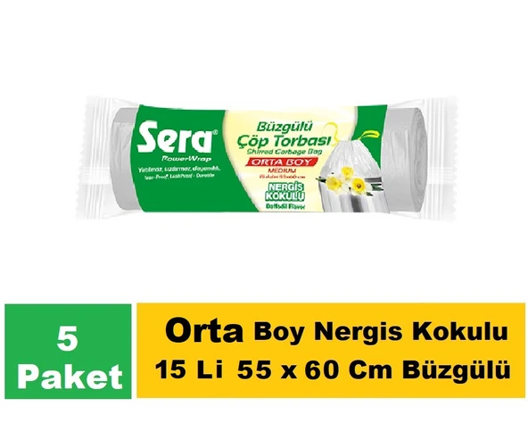 Sera Çöp Torbası Büzgülü Nergis Kokulu Orta Boy 15 Li 55 x 60 Cm x 5 Paket
