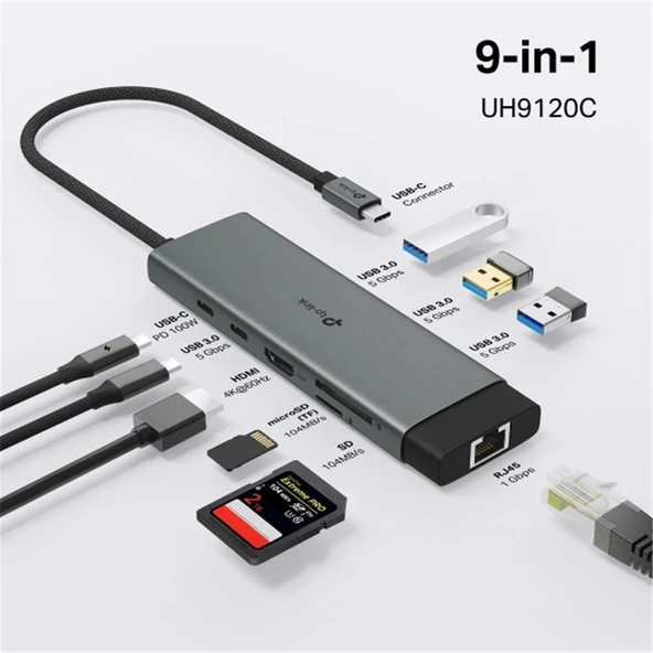 Tp-Link UH9120C USB Type C Docking Station 9 Port ( USB-C PD + USB C + USB 3.0 X3 + Kart Okuyucu ) - 2