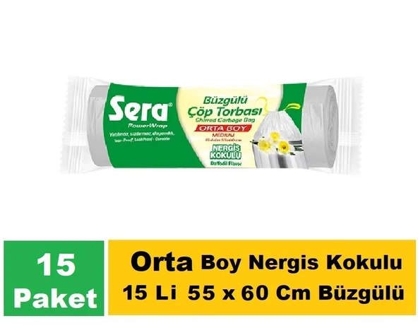 Sera Çöp Torbası Büzgülü Nergis Kokulu Orta Boy 15 Li 55 x 60 Cm x 15 Paket