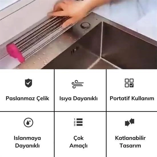 BUFFER® Evye Üstü Katlanır Nihale Paslanmaz Çelik Pratik Sebze Meyve Bulaşık Kurutma Süzgeci - 5