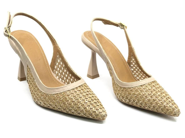 Feles Hasır Detaylı Arkası Açık Stiletto Kadın Topuklu Ayakkabı - Resim 9