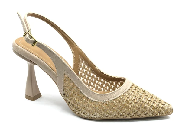 Feles Hasır Detaylı Arkası Açık Stiletto Kadın Topuklu Ayakkabı - Resim 10