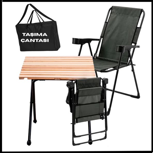 Uyguna-Yakala  Haki -130 KG Taşıma 2 Adet Katlanır Kamp Sandalyesi ve Masa Seti Taşıma Çantalı - TAB.276