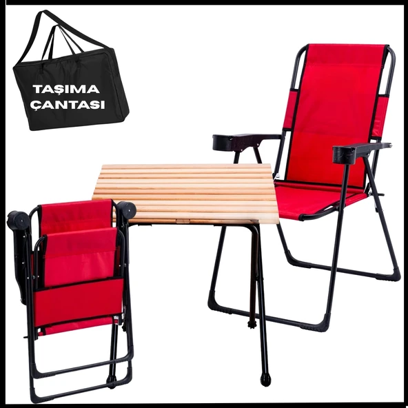Uyguna-Yakala 2 Adet Katlanır Kamp Sandalyesi ve Masa Seti - Rest - Taşıma Çantalı - Kırmızı - 130 KG Taşıma