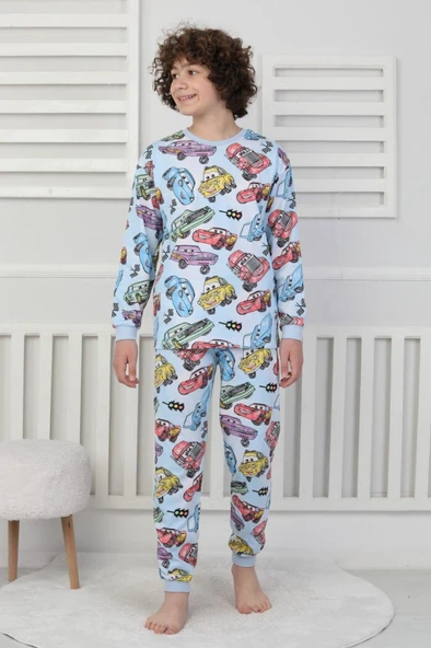 Süper Arabalar Desenli Uzun Kollu Çocuk Pijama Takımı 9-13 Yaş