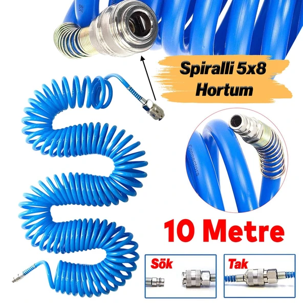 Spiralli 5x8 Polietilen Hava Hortumu Nipel Jaklı Esnek Kırılmaz Sök Tak Soketli Manşon 10 Metre