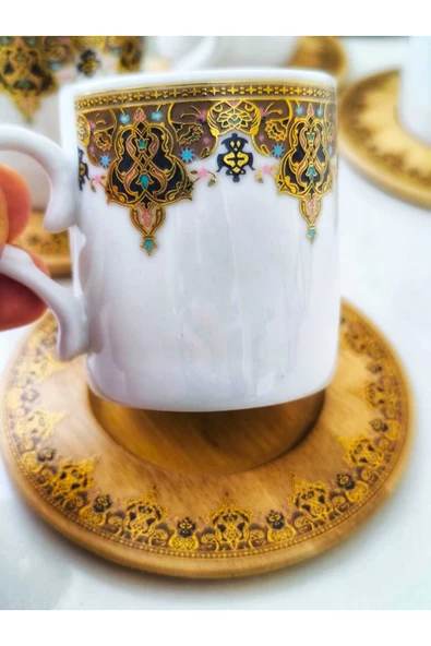 ARMESE 6 Kişilik Özel İşlemeli Bambu Altlıklı Kahve Fincan Takımı Dar
