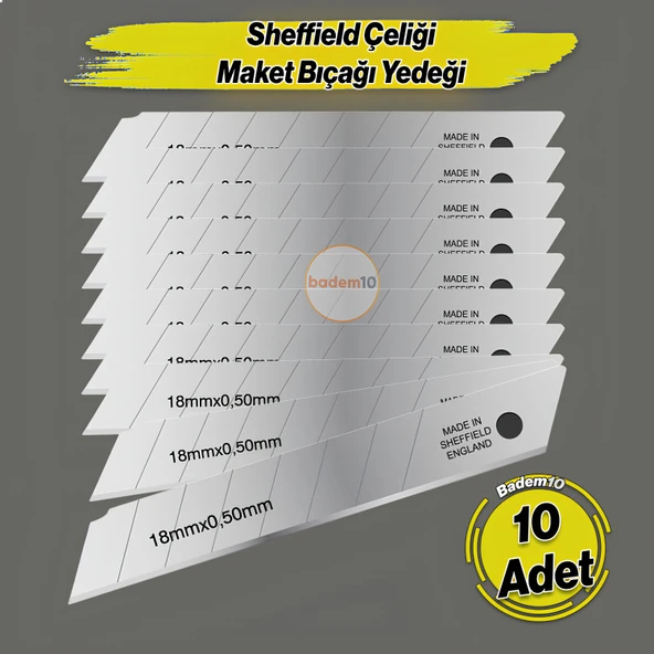İthal 10 Adet 8 Dilim Maket Bıçağı Yedeği Ucu 0.50 mm Kalınlık x 18 mm Genişlik Bıçak Ucu Jilet