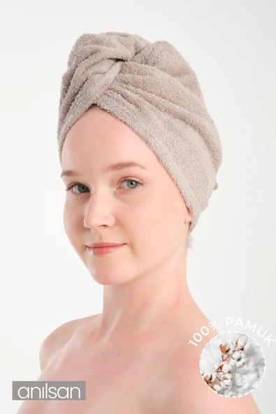 %100 Pamuk Bej Havlu Bone Saç Kurutma Bonesi Kafa Havlusu Duş Banyo Bonesi Islak Saç Kurulama Bone ürün görseli