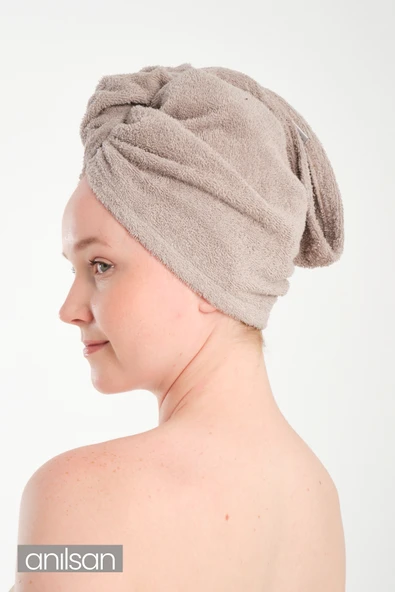 %100 Pamuk Bej Havlu Bone Saç Kurutma Bonesi Kafa Havlusu Duş Banyo Bonesi Islak Saç Kurulama Bone - Resim 2