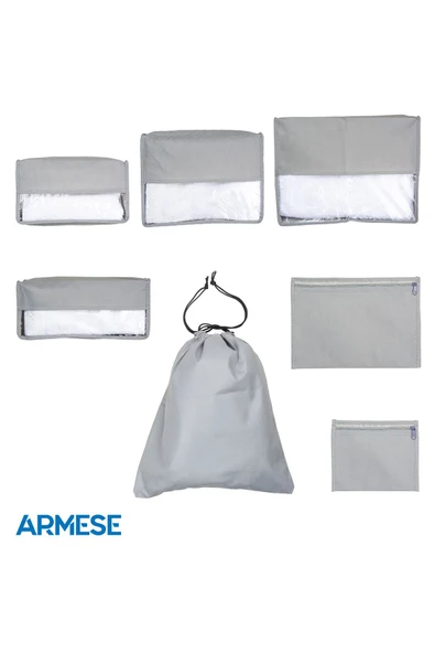 ARMESE 7'lİ Valiz Düzenleyici Bavul Içi Organizer Set Seyahat Hurcu Gri