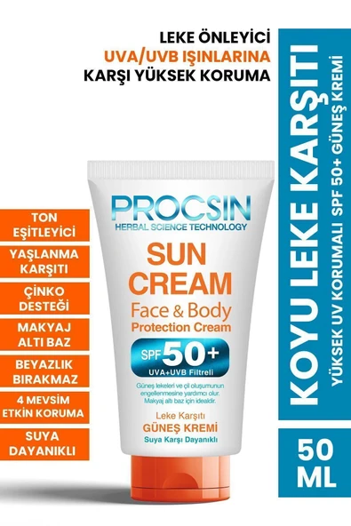 PROCSIN Yüksek Uv Korumalı Koyu Leke Önleyici Spf 50 Güneş Kremi 50 ml