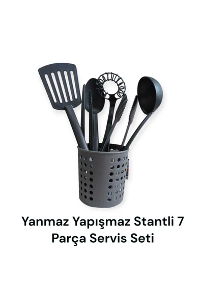 ARMESE 7 Parça Yanmaz Yapışmaz  Mutfak Servis Seti Stantlı (Kepçe,Çırpıcı,Maşa,Cımbız,Spatula,Kaşık 28cm) ürün görseli 1