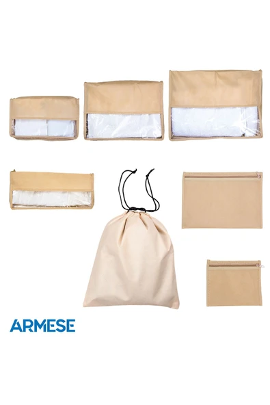 ARMESE 7'li Valiz Düzenleyici Bavul Içi Organizer Set Seyahat Hurcu (KREM)