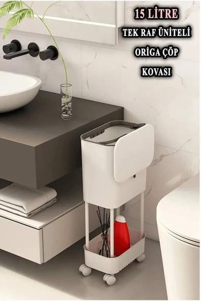 ARMESE Pratik Şık Tasarımlı Tek Raflı Tekerlekli Kapaklı Banyo ve Mutfak Çöp Kovası 15 Litre