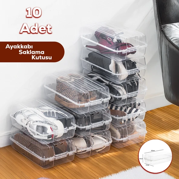 Porsima 3197 10 Adet Kadın ve Çocuk Ayakkabı Saklama Kutusu - Şeffaf Pratik Ayakkabı Kabı Düzenleyici Saklama Seti