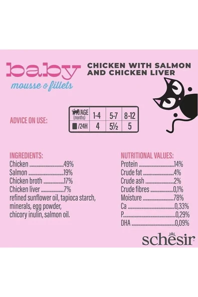 Schesir Tavuk ile Somon ve Tavuk Karaciğeri Yavru Kediler için Tam ve Dengeli Mama 3 x 55 Gr - 2