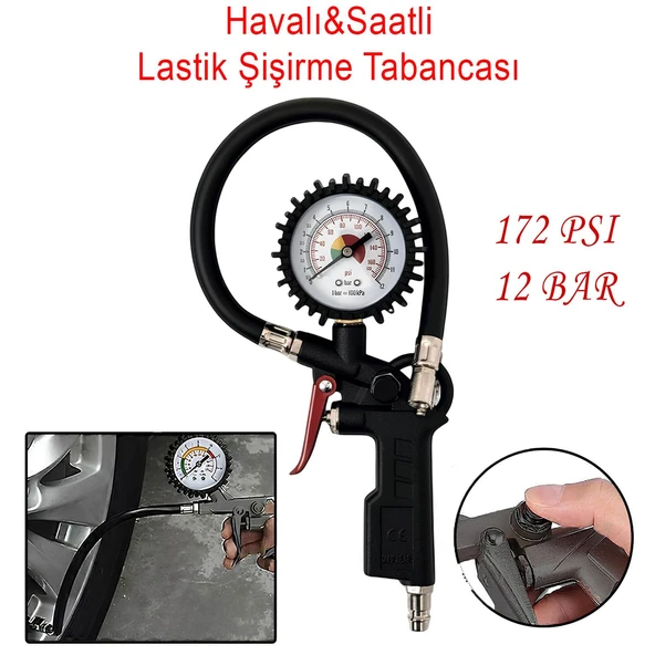 Lastik Şişirme Tabancası Havalı Basınç Göstergeli Saatli Jak Hortum ve Sibop Uyumlu Şambrel Tekerlek