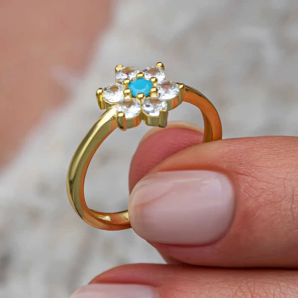 Gümüş Mavi Taşlı Gold Çiçek Kadın Yüzük SL11531 - Resim 8