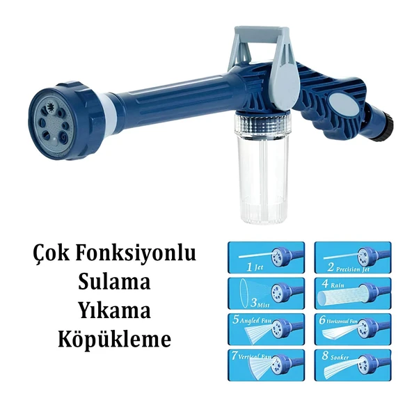 Araç Yıkama Köpürtme Tabancası Bahçe Sulama 8 Fonksiyonlu Deterjan Hazneli Hortum Bağlantılı 1 Adet