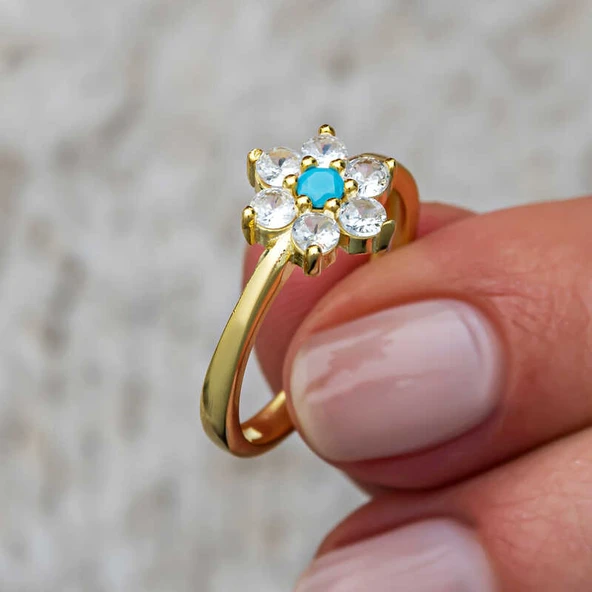 Gümüş Mavi Taşlı Gold Çiçek Kadın Set SL11532 - Resim 7