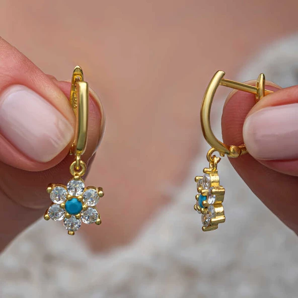 Gümüş Mavi Taşlı Gold Çiçek Kadın Set SL11532 - 2
