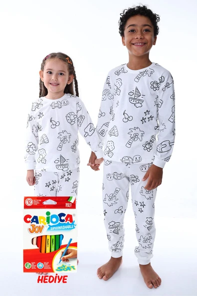 En Sevimli Figürler Özel Kalemi ile BOYANABİLİR Çocuk Pijama Takımı ( 12'li Kalem Seti Hediye ) - Resim 2