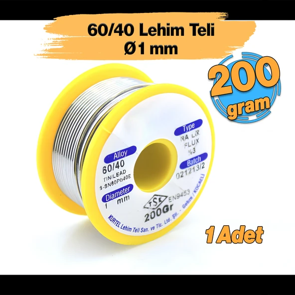 Lehim Makinası Teli 60/40 Kalay Kurşun Karışımlı RA 26 Flux Oranı %3 Çapı 1 mm Ağırlık 200 gr