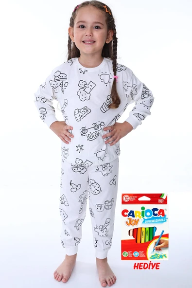 En Sevimli Figürler Özel Kalemi ile BOYANABİLİR Çocuk Pijama Takımı ( 12'li Kalem Seti Hediye ) - Resim 6