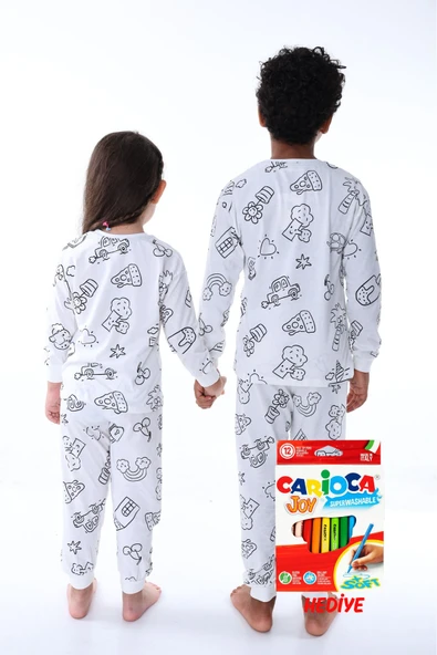 En Sevimli Figürler Özel Kalemi ile BOYANABİLİR Çocuk Pijama Takımı ( 12'li Kalem Seti Hediye ) - Resim 3