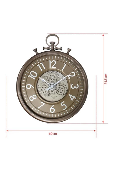 Efe Mark Premium Serisi Antik Eskitme Kadranlı Döner Çarklı 60 Santimetre Köstekli Ev ve Ofis Duvar Saati Latin Rakamlı Gold - Resim 5