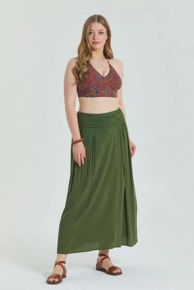 Beli Lastikli Drape Detaylı Büyük Beden Etek - 4