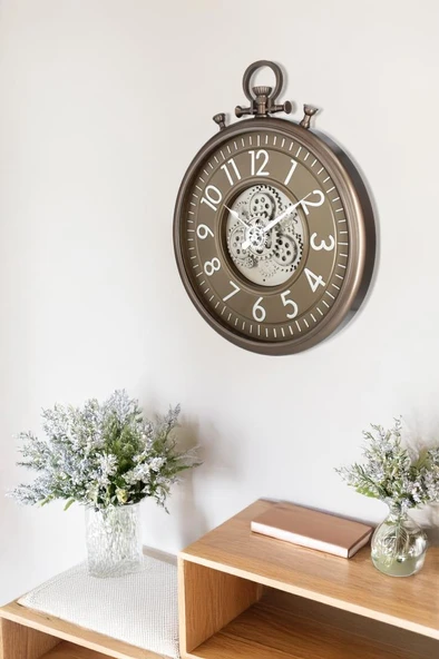 Efe Mark Premium Serisi Antik Eskitme Kadranlı Döner Çarklı 60 Santimetre Köstekli Ev ve Ofis Duvar Saati Latin Rakamlı Gold - Resim 3