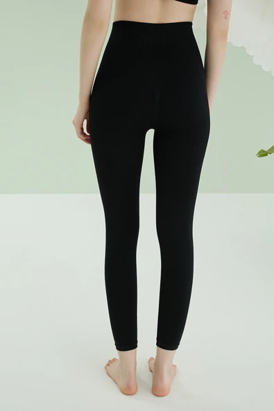 Siyah Dikişsiz Yüksek Bel Toparlayıcı Tayt - Resim 5