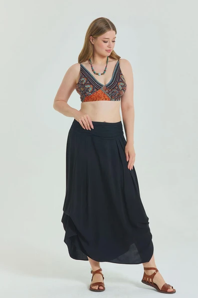Beli Lastikli Drape Detaylı Büyük Beden Etek - 6